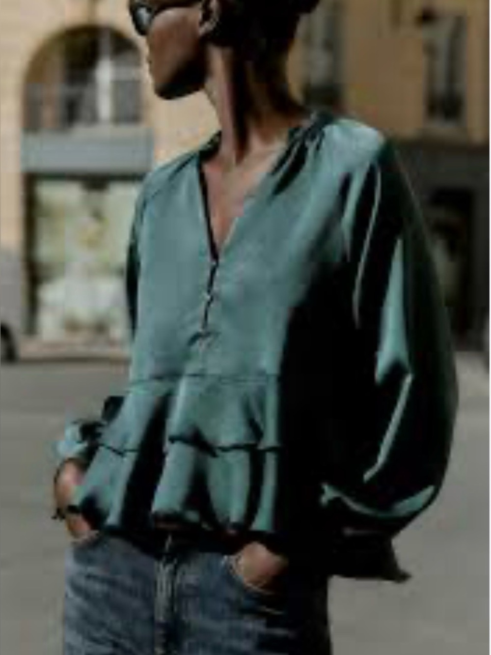 Zara Forest Green Ruffle Hem Satin Blouse